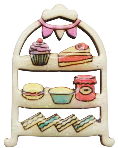 A vintage-style cream-colored wood and UV Resin pin shaped like a three-tiered cake stand, decorated with illustrations of cupcakes, slices of cake, a sandwich, and a jar of jam in pastel colors.