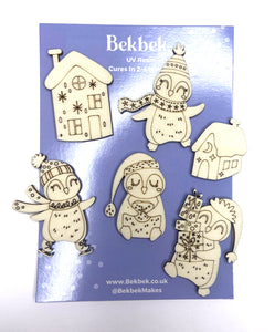 Festive Penguins and Houses - Wooden Christmas Card Embellishments/ Jewellery Blanks