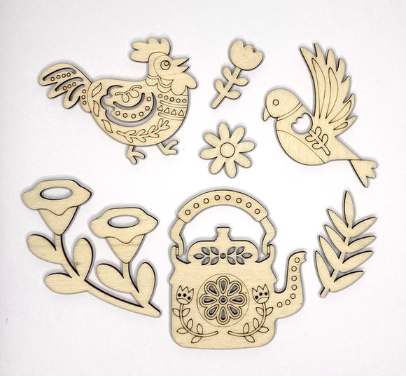 Folk Art Wooden Blanks - Chicken, Teapot, Birds, Florals