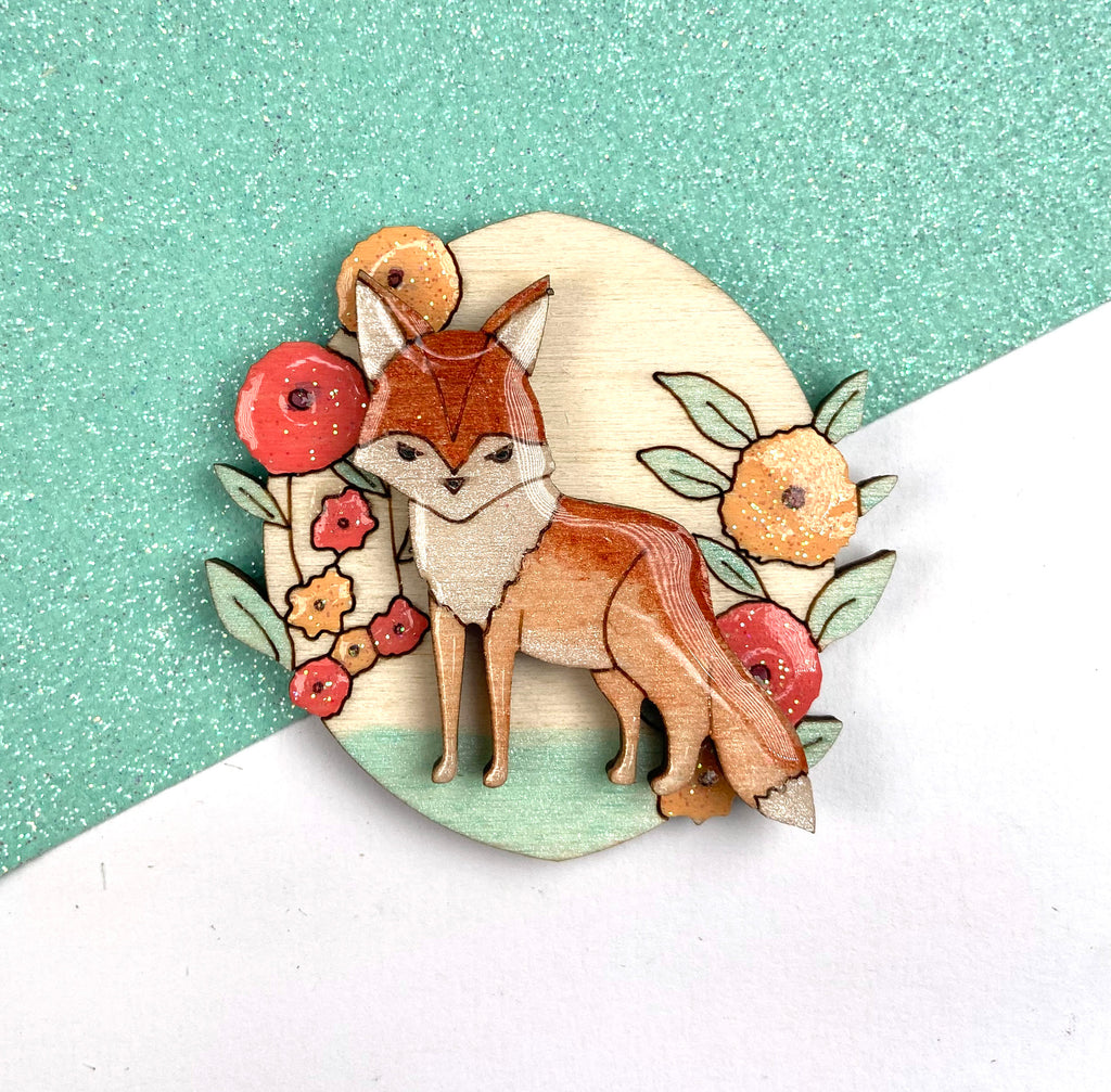Wooden Layered Brooch Sets - Fox