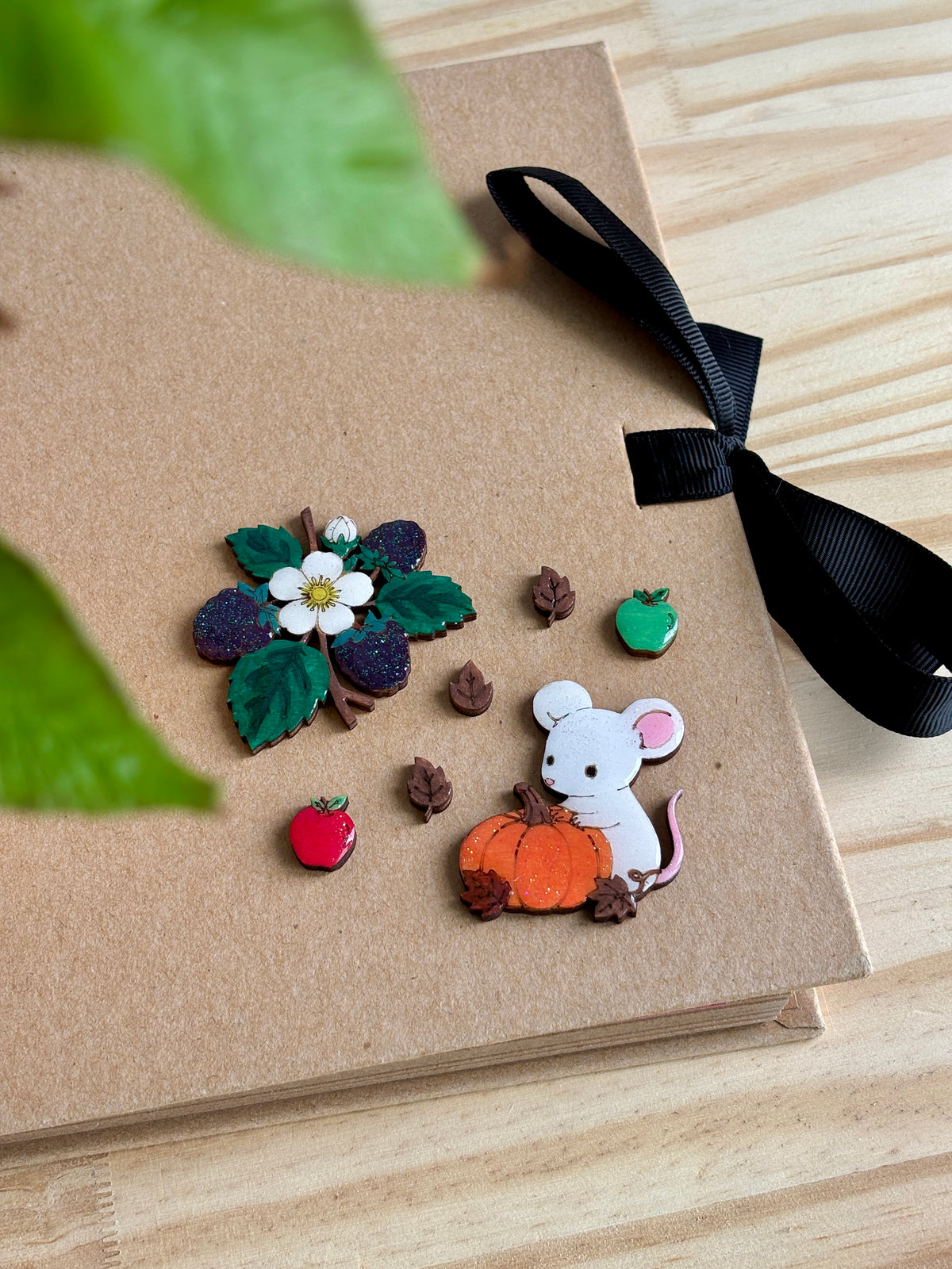 Wooden embellishments mouse and blackberries