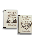 Two personalized wooden keepsake boxes featuring laser-engraved designs of a fox, a bear, a rabbit, and a hedgehog in a heart with the text 'Once Upon A Time.