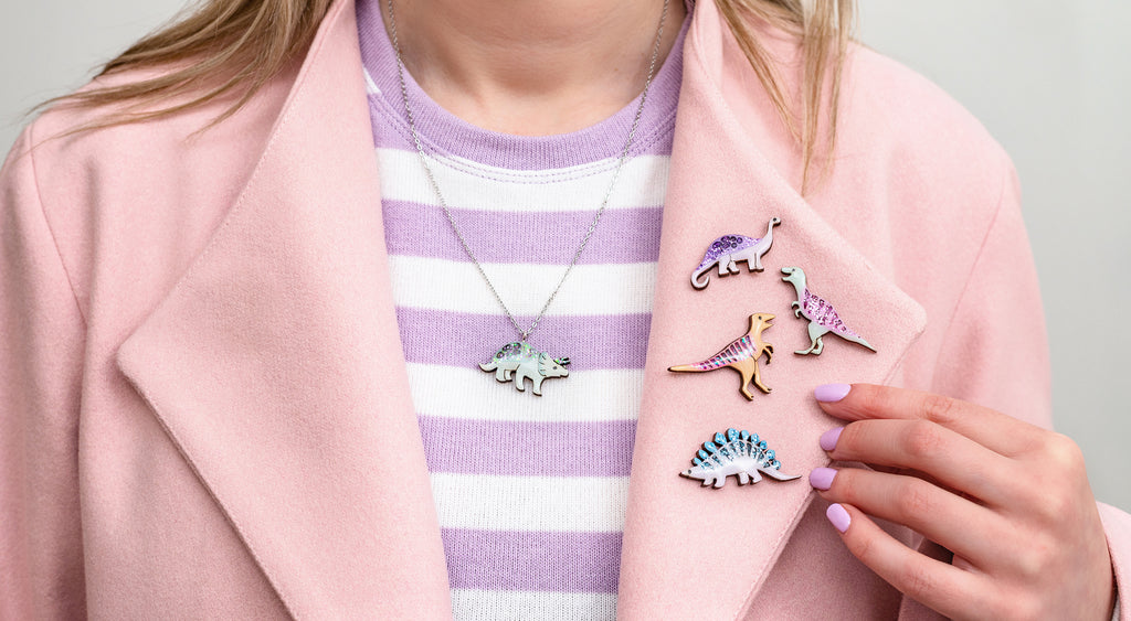 Tyrannosaurus T-Rex Pin Badge - Pastel Pink & Green