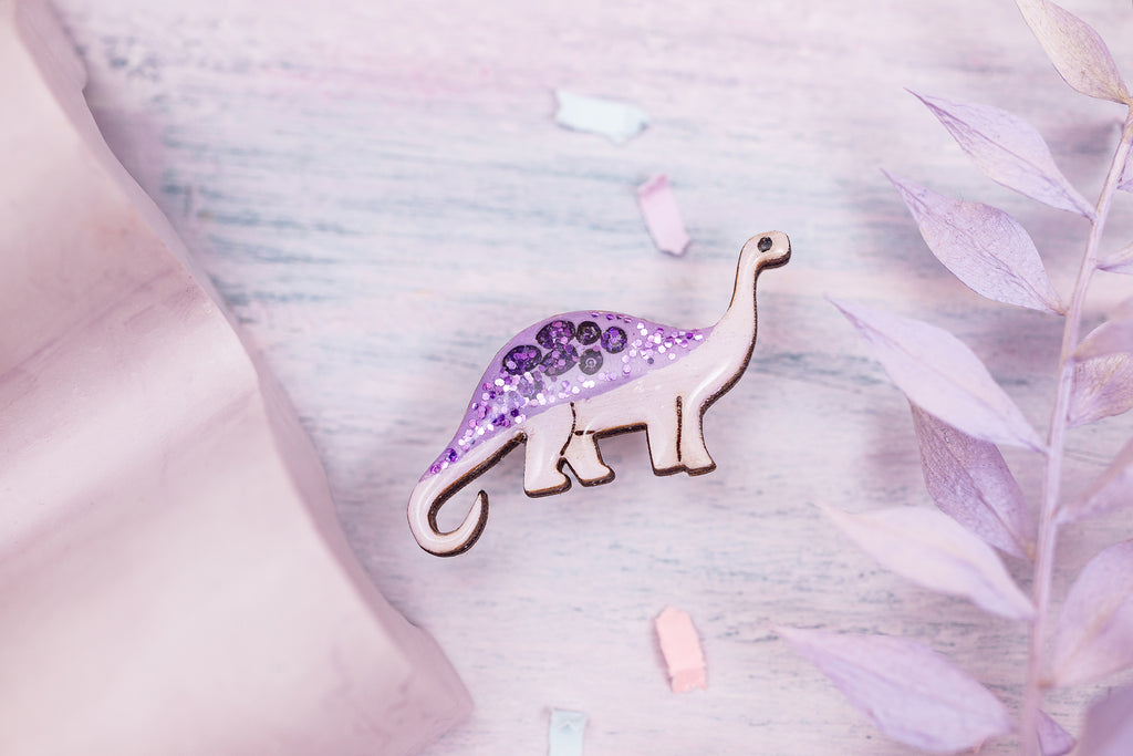Diplodocus Dinosaur Pin Badge - Pastel Purple and Purple