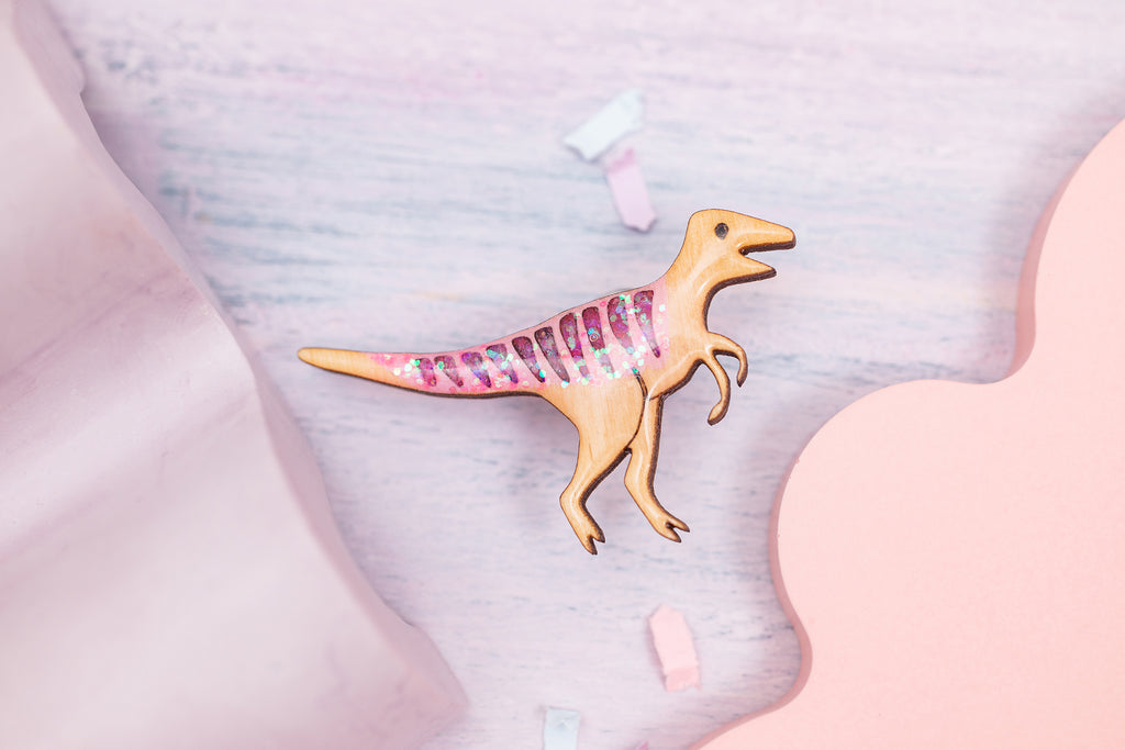 Velociraptor Pin Badge - Pastel Orange & Pink