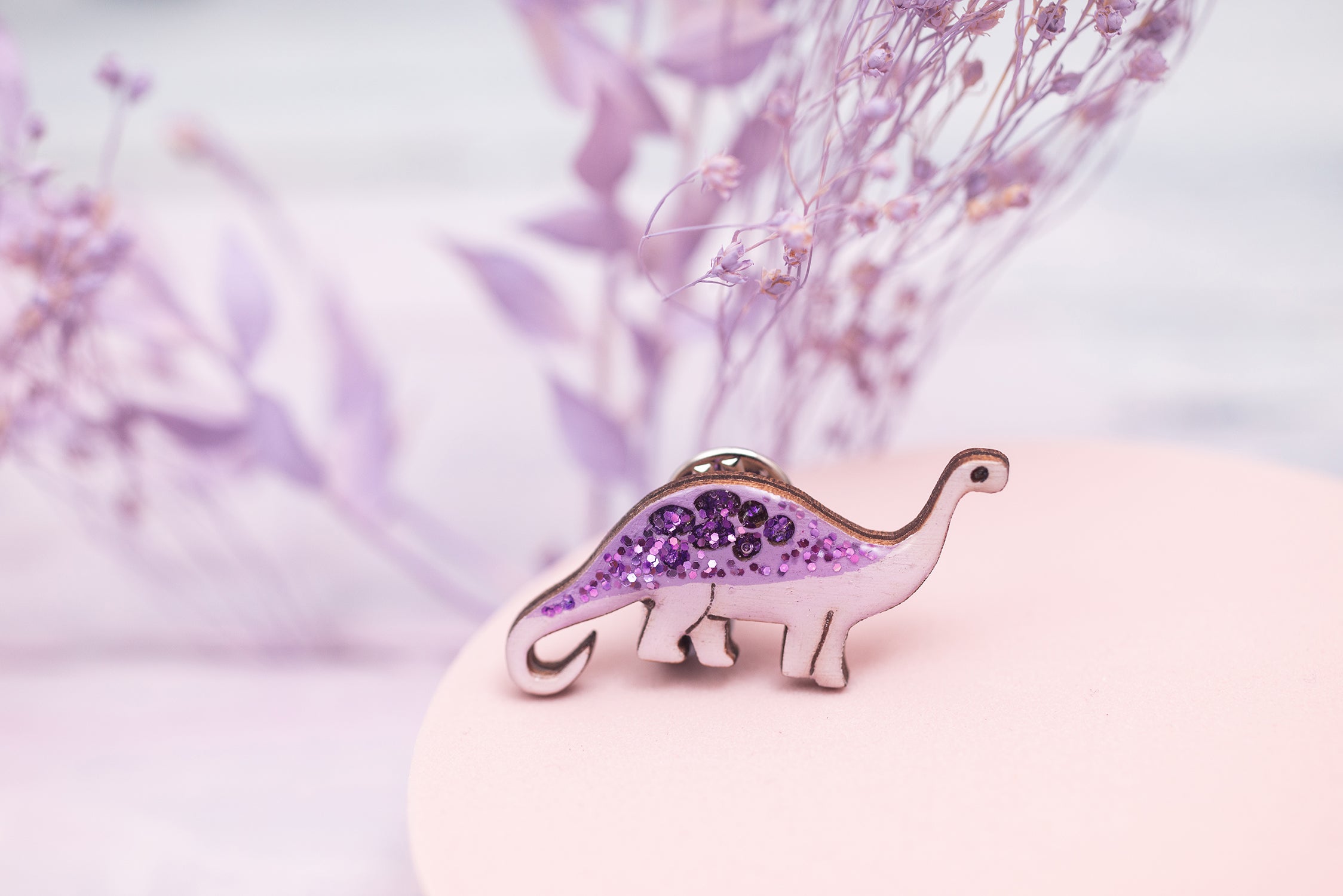 Diplodocus Dinosaur Pin Badge - Pastel Purple and Purple