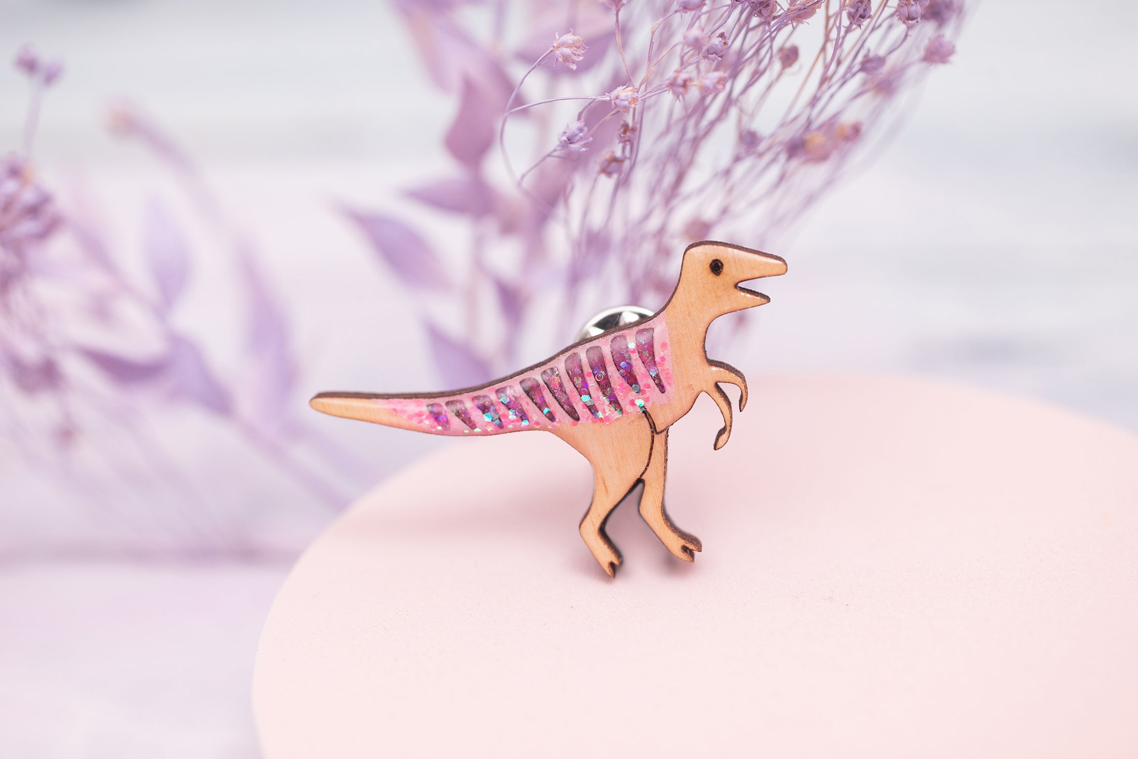 Velociraptor Pin Badge - Pastel Orange & Pink