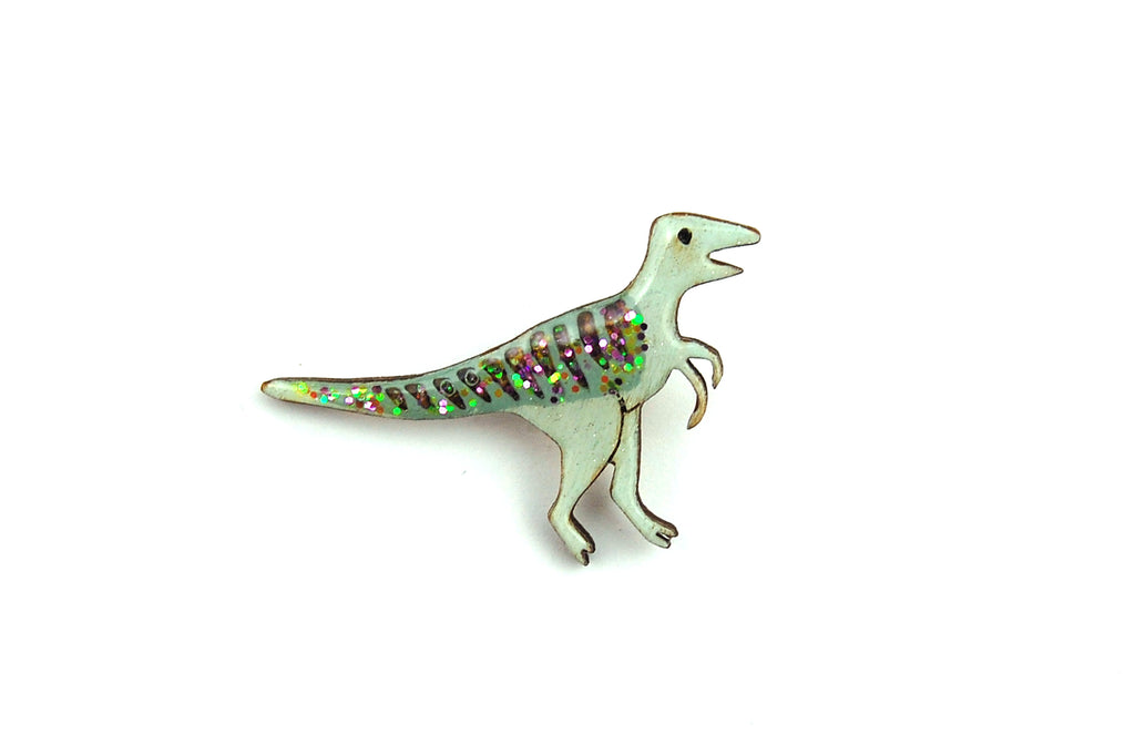 Glittery Green Velociraptor Pin Badge