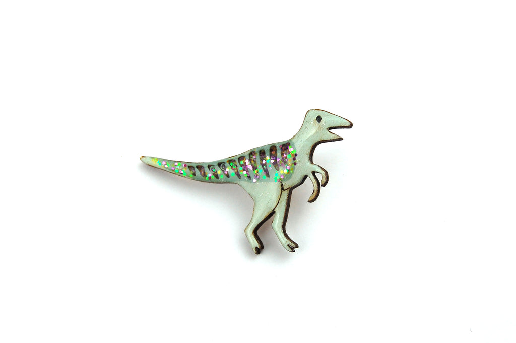 Glittery Green Velociraptor Pin Badge
