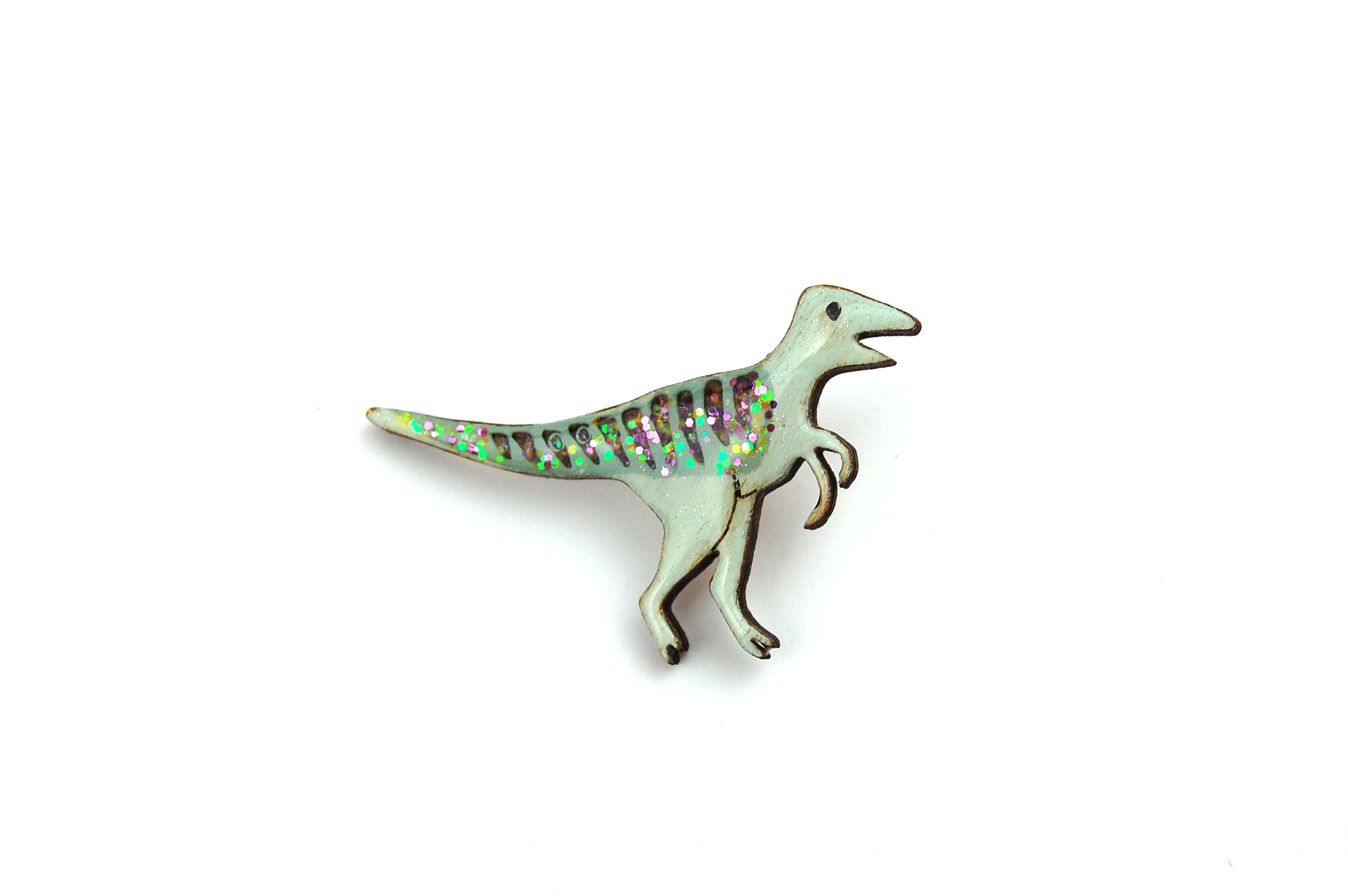 Glittery Green Velociraptor Pin Badge