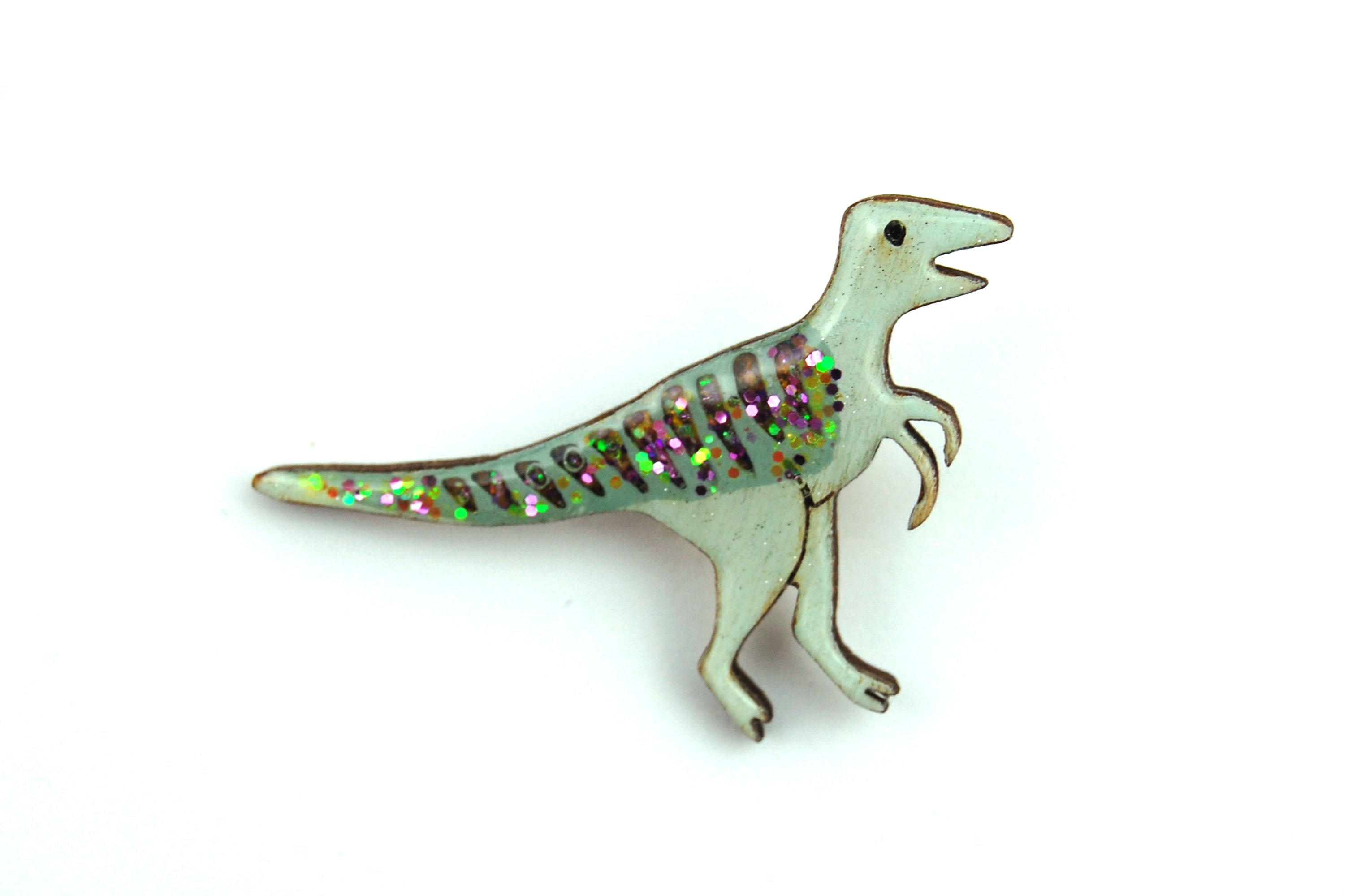 Glittery Green Velociraptor Pin Badge
