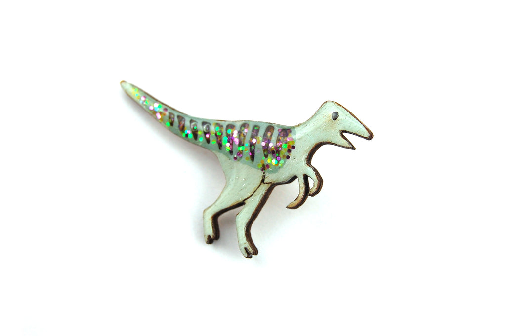 Glittery Green Velociraptor Pin Badge